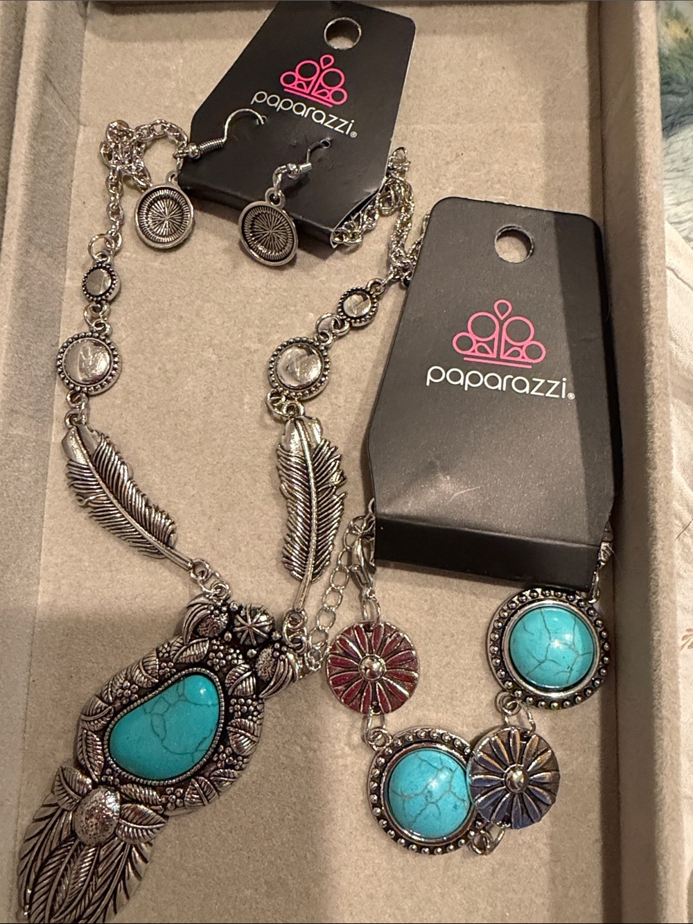 Paparazzi Silver-Tone Turquoise Feather Necklace & Bracelet Set